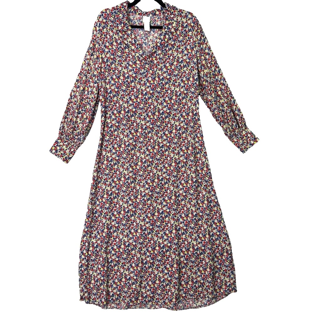 H&M‎ Women Collared Midi Dress Ditsy Floral Print Long Sleeve Sz M Prairie